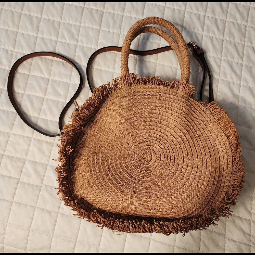 Lauren Conrad Beige Cookie Fringe WovenJute Raffia Beach Travel Crossbody